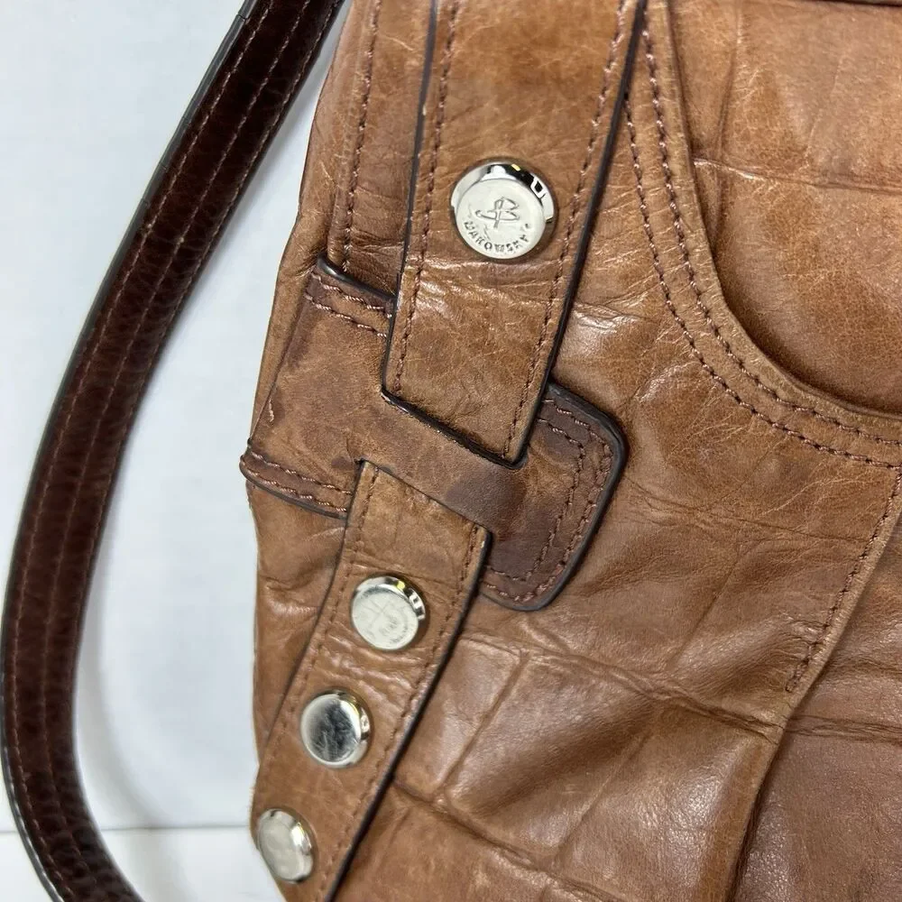 B. Makowsky Women's Cognac Brown Croco Embossed Leather Studded Crossbody Bag - Picture 2 of 12